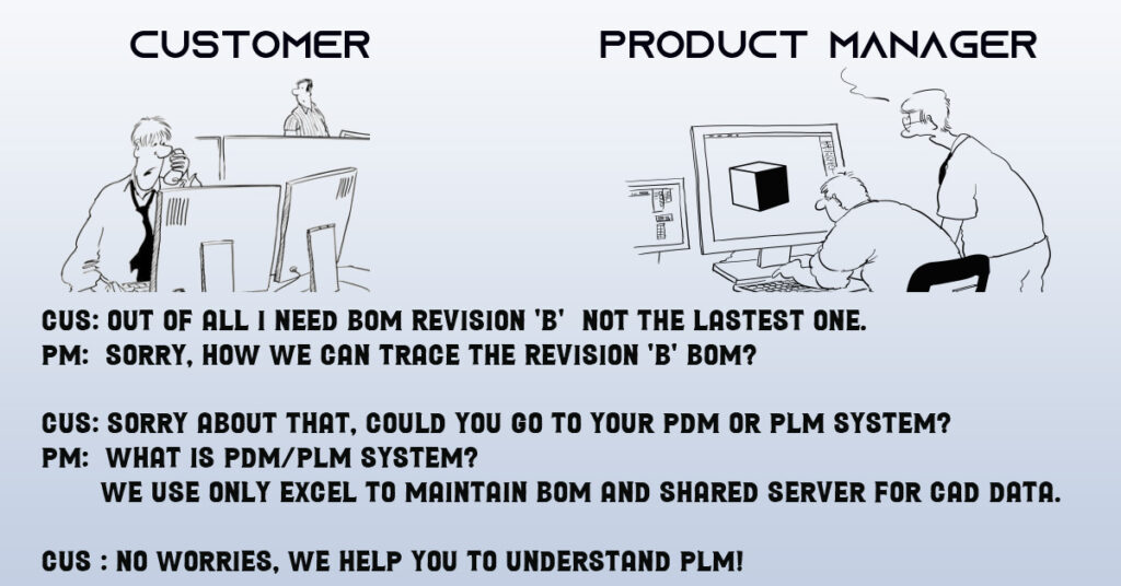 Why PLM is required for BOM management?
Cus: Out of all I need BOM Revision 'B'  not the lastest one.
PM:  Sorry, how we can trace the Revision 'B' BOM?

Cus: Sorry about that, Could you go to your PDM or PLM system?
PM:  What is PDM/PLM system? 
       We use only excel to maintain BOM and shared server for CAD data.

Cus : No worries, we help you to understand PLM!
