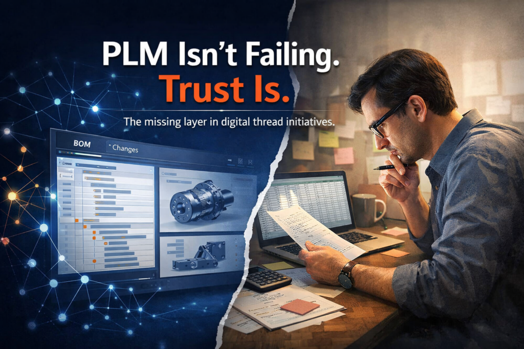 Illustration showing the gap between structured PLM data and user trust, where engineers still validate information outside the system before making decisions.