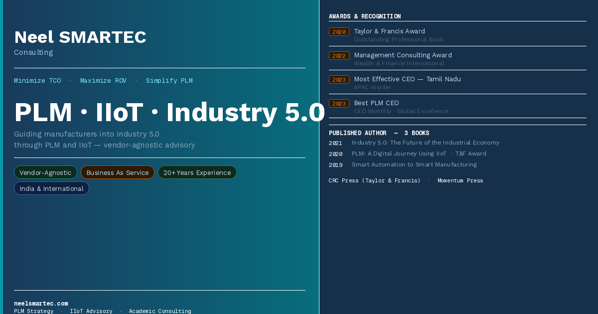 Neel SMARTEC Consulting — PLM, IIoT and Industry 5.0 strategic consulting. Award-winning author. Vendor-agnostic. India & International.