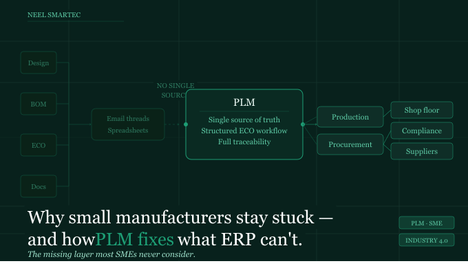 A manufacturing engineer reviewing product lifecycle 
data on screen — representing how PLM helps SMEs 
eliminate bottlenecks in engineering and production.