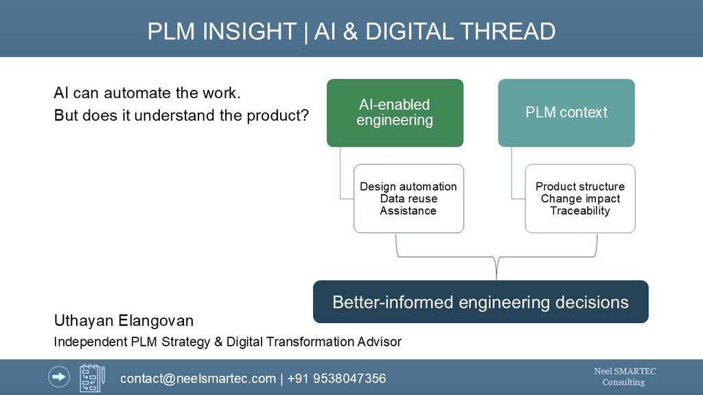 AI in PLM showing how an engineering part change can affect assemblies, bills of materials, manufacturing documentation and supplier requirements.